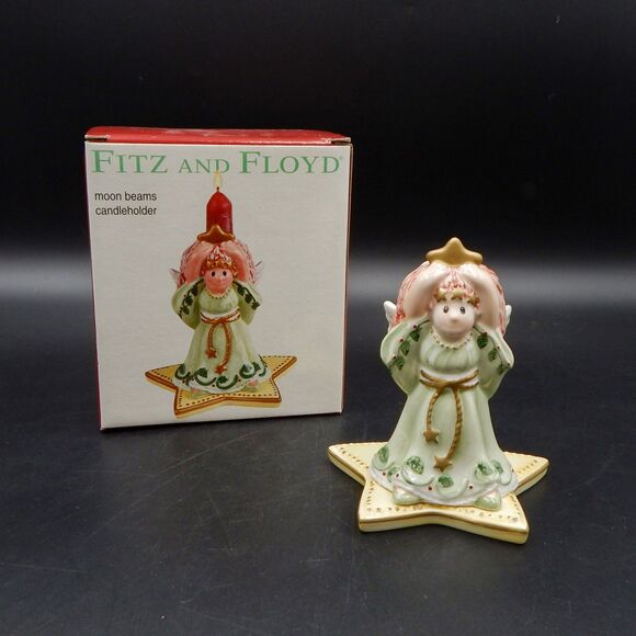 Fitz and Floyd Moonbeams Christmas Angel Taper Candle Holder Candlestick Ceramic - Picture 1 of 12
